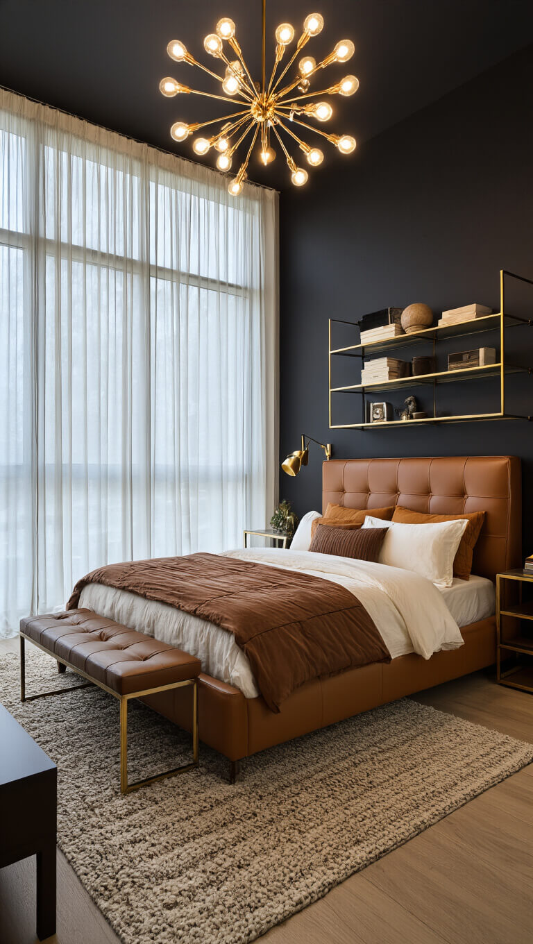 Moody 13x15ft bedroom at night with sputnik chandelier, cognac leather bed, layered neutral bedding, dark accent wall, and brass étagères with decor.