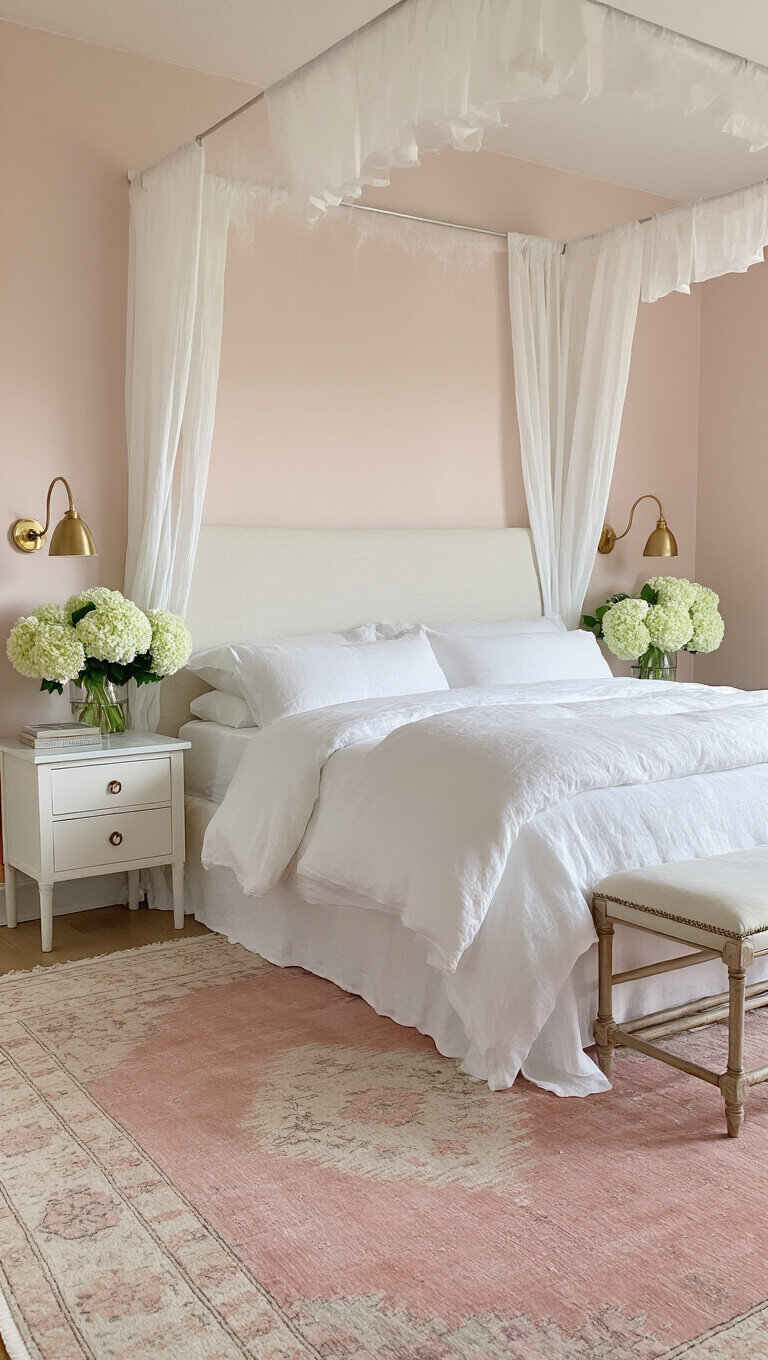 Low-angle view of airy 12x14ft bedroom with white canopy bed, blush walls, vintage pale pink rug, marble nightstands with brass accents, and fresh hydrangeas in soft morning light.