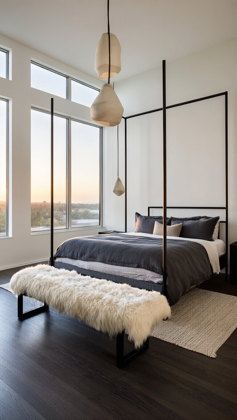 Primary bedroom with black four-poster bed, charcoal linens, fur bench, pendant lights, and sunset-lit floor-to-ceiling windows.