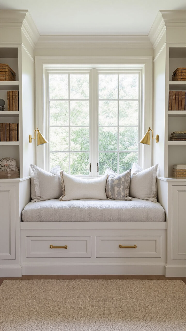 Serene 14x16ft bedroom with dove grey upholstered sleigh bed facing bay window, flanked by custom warm white built-ins and brass library lights, layered neutral bedding, morning light highlighting detailed millwork.