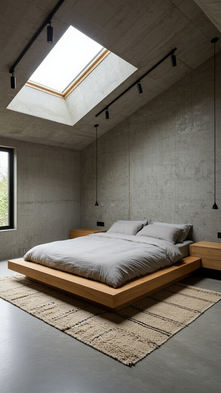 Modern 13x15ft bedroom with skylight, concrete feature wall, oak platform bed, Moroccan rug, and black track lighting.