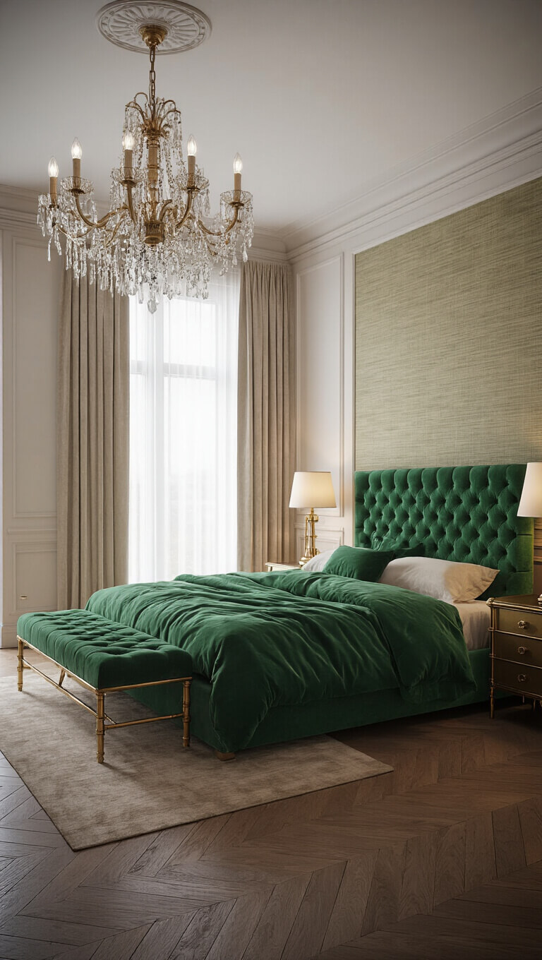 Luxurious 16x18ft bedroom at dusk with emerald velvet tufted king bed, grasscloth accent wall, brass bamboo nightstands, alabaster lamps, silk drapes on herringbone floors, and vintage crystal chandelier.