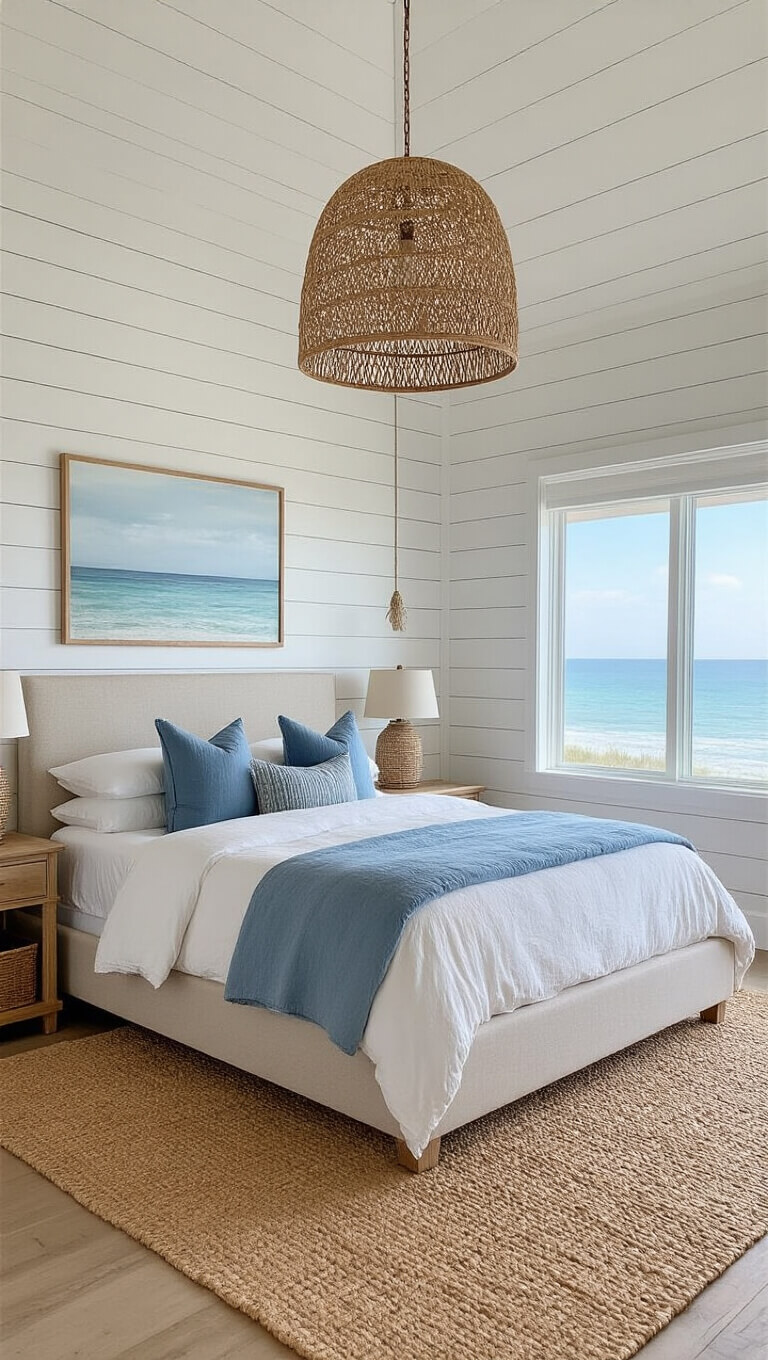 Coastal bedroom with white shiplap walls, natural linen bed, layered jute and seagrass rug, blue-grey pillows, and rattan pendant light.
