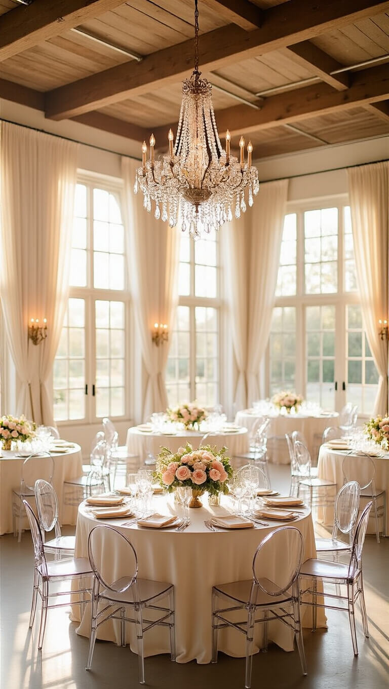 Sunlit reception hall with crystal chandelier, exposed beams, round tables with cream linens and ghost chairs, blush rose centerpieces, and floor-to-ceiling windows framed by ivory drapery.
