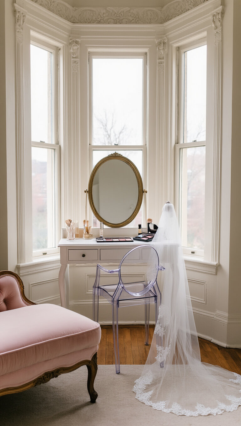 Bridal prep room with vintage vanity, lace veil, and blush velvet chaise in soft morning light.
