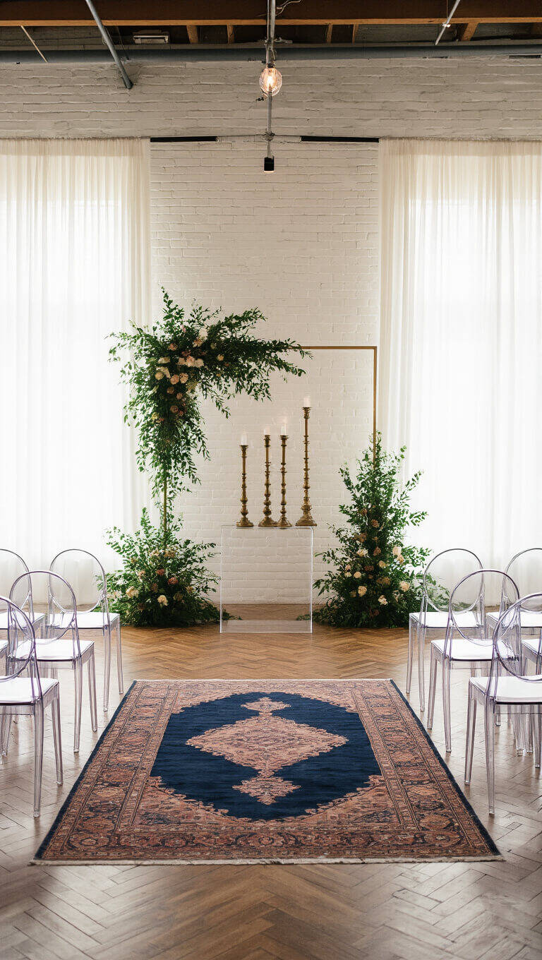 Wide-angle view of elegant ceremony space with whitewashed brick walls, herringbone wood floors, ghost chairs, vintage Persian rugs, acrylic altar, brass candlesticks, and greenery in soft mid-morning light.