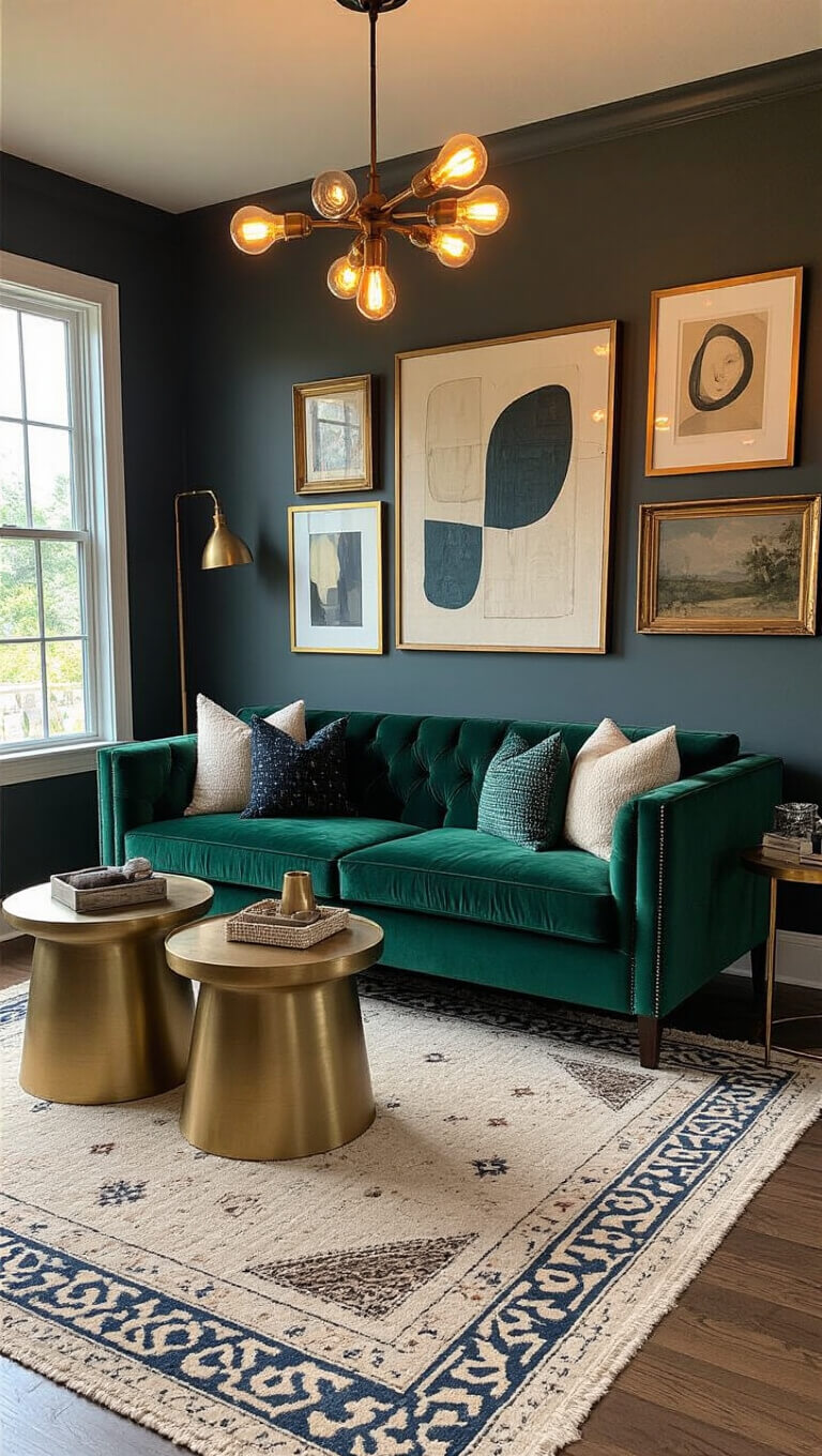 Cozy 12x15ft lounge in venue corner with emerald green velvet sofa, brass side tables, vintage rugs, antique gold gallery wall, and warm dusk lighting from Edison bulbs.