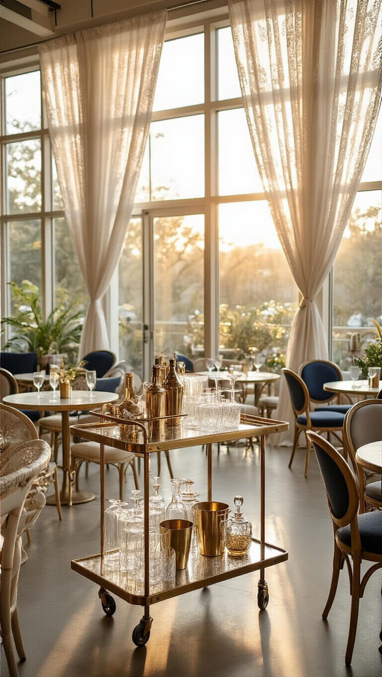 Elegant cocktail area with floor-to-ceiling windows, golden hour lighting, vintage bar cart, crystal decanters, acrylic ice buckets, mixed seating with brass tables, cream and navy chairs, and lace curtains filtering sunlight.