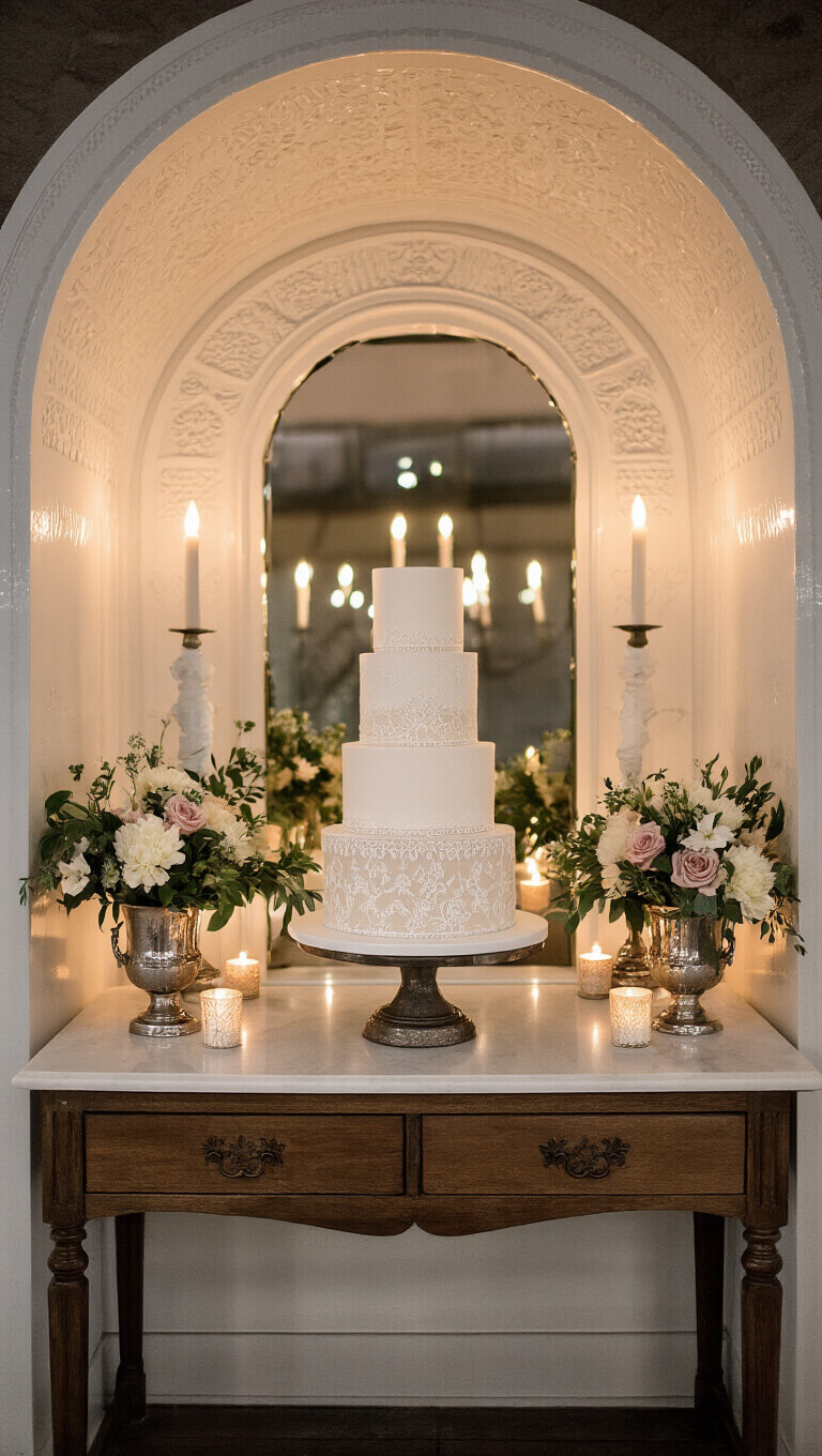 Romantic cake display in vintage alcove with three-tier lace-detailed cake on marble stand, framed by flowers and candlelight.
