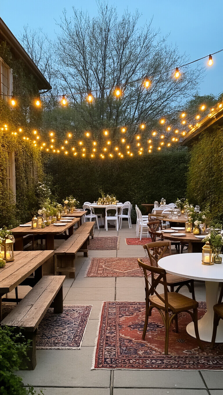 Wide-angle view of a 35x50ft courtyard at dusk with string lights overhead, vintage and modern dining tables, ghost and wooden chairs, brass lanterns, bud vases, and vintage rugs creating a magical garden party setting.