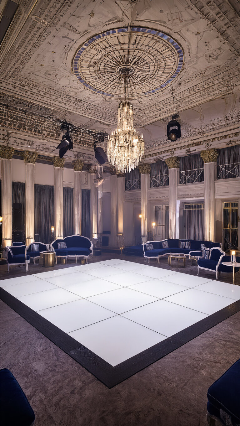 Expansive Art Deco dance floor with evening LED lighting, white floor, vintage navy and cream lounge seating, brass accents, and dramatic ceiling details.