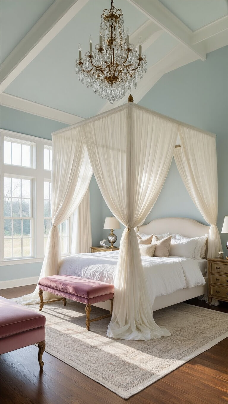 Luxurious master bedroom with white canopy bed, ivory drapes, hardwood floors, pale blue walls, crystal chandelier, and golden hour lighting.