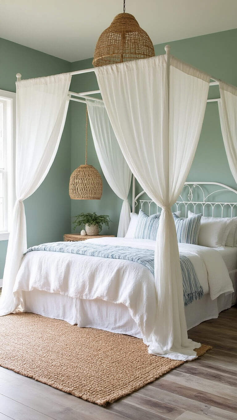 Coastal-themed 12x14ft bedroom with white canopy bed, sea glass green accent wall, driftwood floors, rattan pendant light, and beach-inspired decor.
