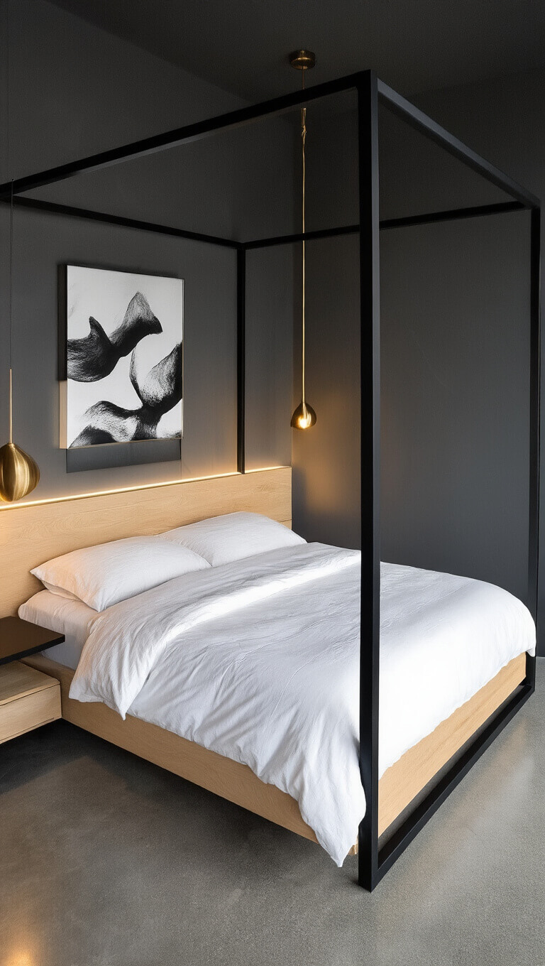 Modern minimalist 15x18ft bedroom at dusk with matte black steel canopy bed, charcoal grey walls, polished concrete floors, and indirect LED uplighting.
