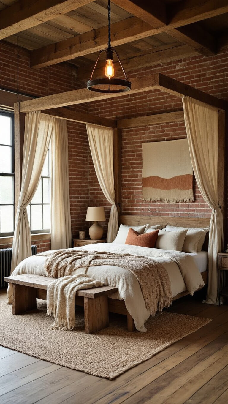 Rustic 13x15ft farmhouse bedroom with reclaimed canopy bed, exposed brick wall, pine flooring, Edison bulb chandelier, and earth-toned textiles.
