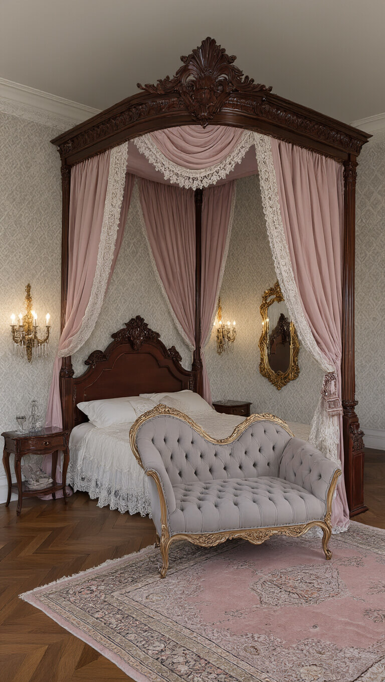 Romantic Victorian bedroom at twilight with ornate mahogany canopy bed, rose pink drapes, crystal sconces, tufted pearl grey chaise, and gilded mirrors on pale gray damask walls.