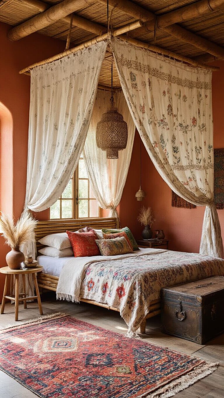 Eclectic bohemian 12x14ft bedroom with terracotta walls, bamboo canopy draped in mixed textiles, layered kilim rugs on wood floors, macramé pendant, jewel-toned pillows, brass side tables, and ceramic vessels with pampas grass.