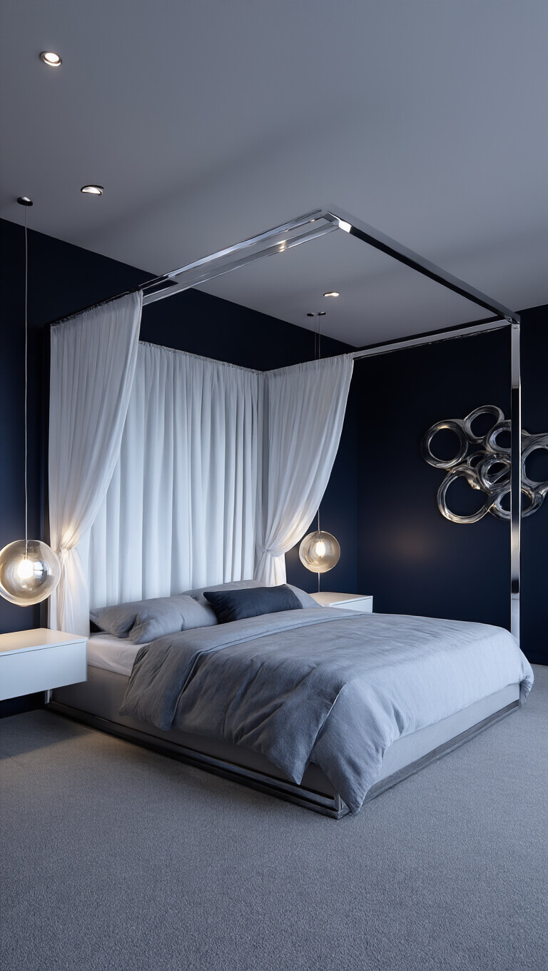 High-angle view of a contemporary 14x16ft bedroom at night with a chrome canopy bed, white linen panels, navy accent wall, floating white nightstands, glass globe pendants, and monochromatic textured bedding.