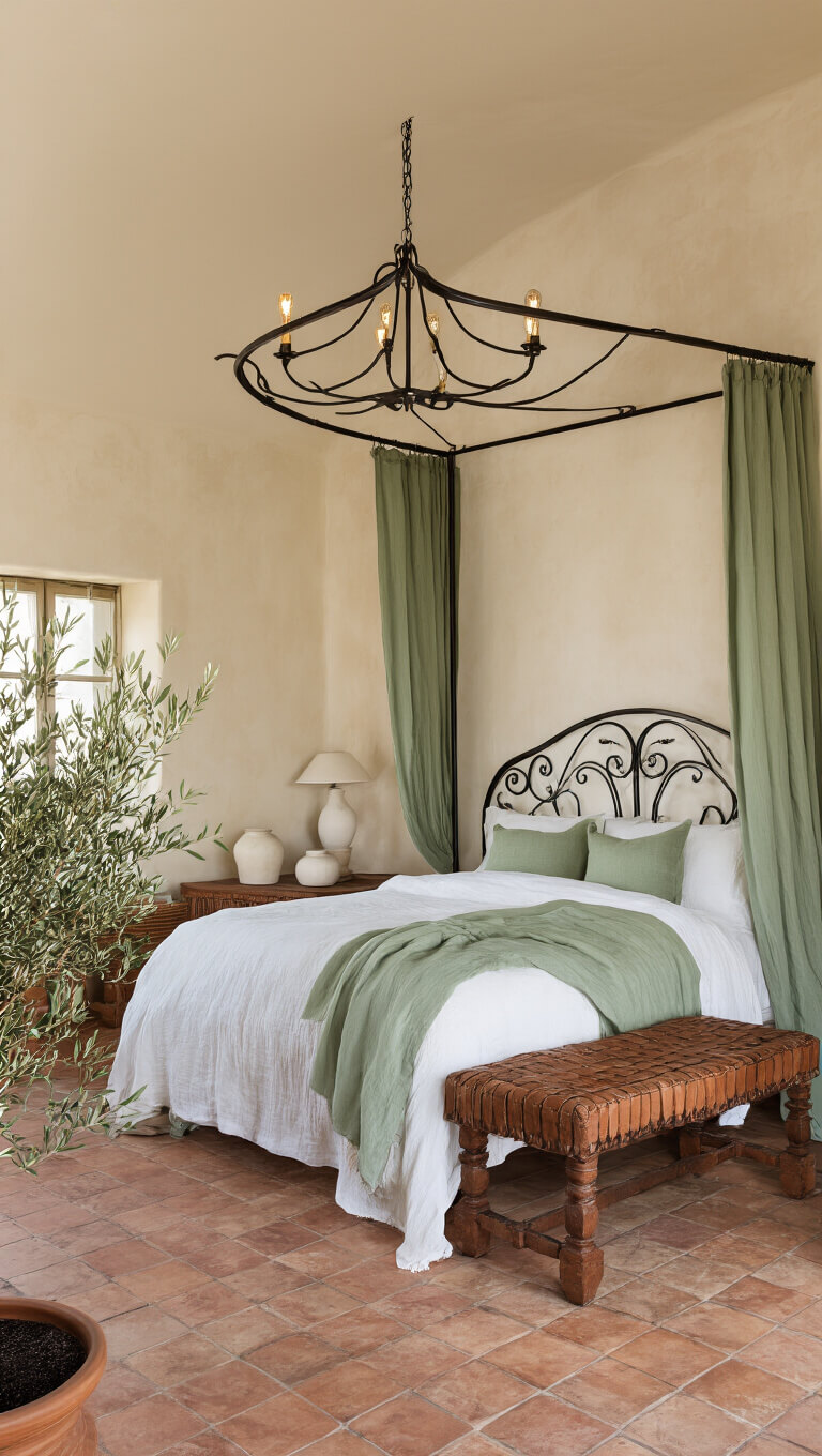 Mediterranean-style 15x15ft bedroom with wrought iron canopy bed, sheer white and sage green linens, textured cream walls, terracotta tile flooring, chandelier, carved wooden side tables, ceramic lamps, potted olive trees, and woven leather bench.