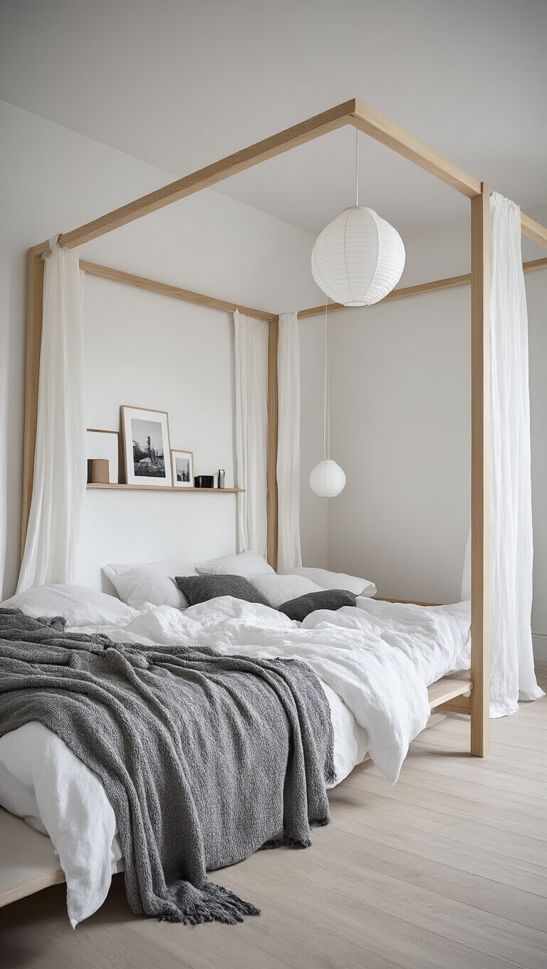 Scandinavian 13x14ft bedroom at dawn with blonde wood canopy bed, white cotton panels, white walls, pale ash floor, and minimal décor.
