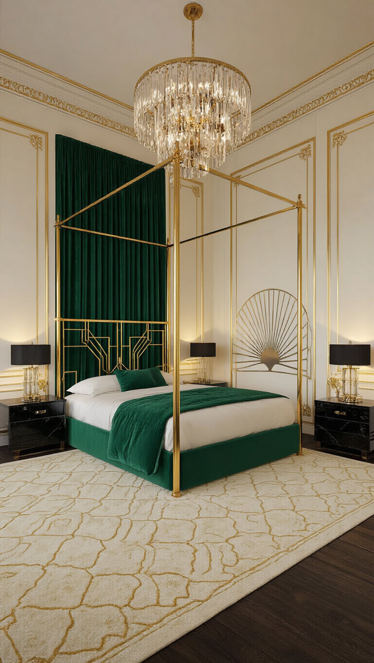Luxurious Art Deco bedroom with brass canopy bed, emerald velvet drapes, crystal chandelier, and gold-accented cream walls at sunset.