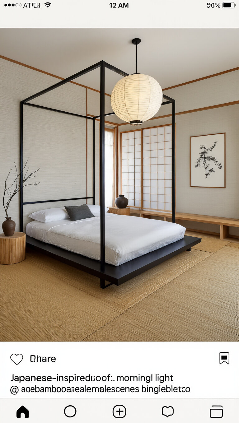 Japanese-inspired minimalist bedroom with low canopy bed, bamboo flooring, shoji screen, and soft morning light.