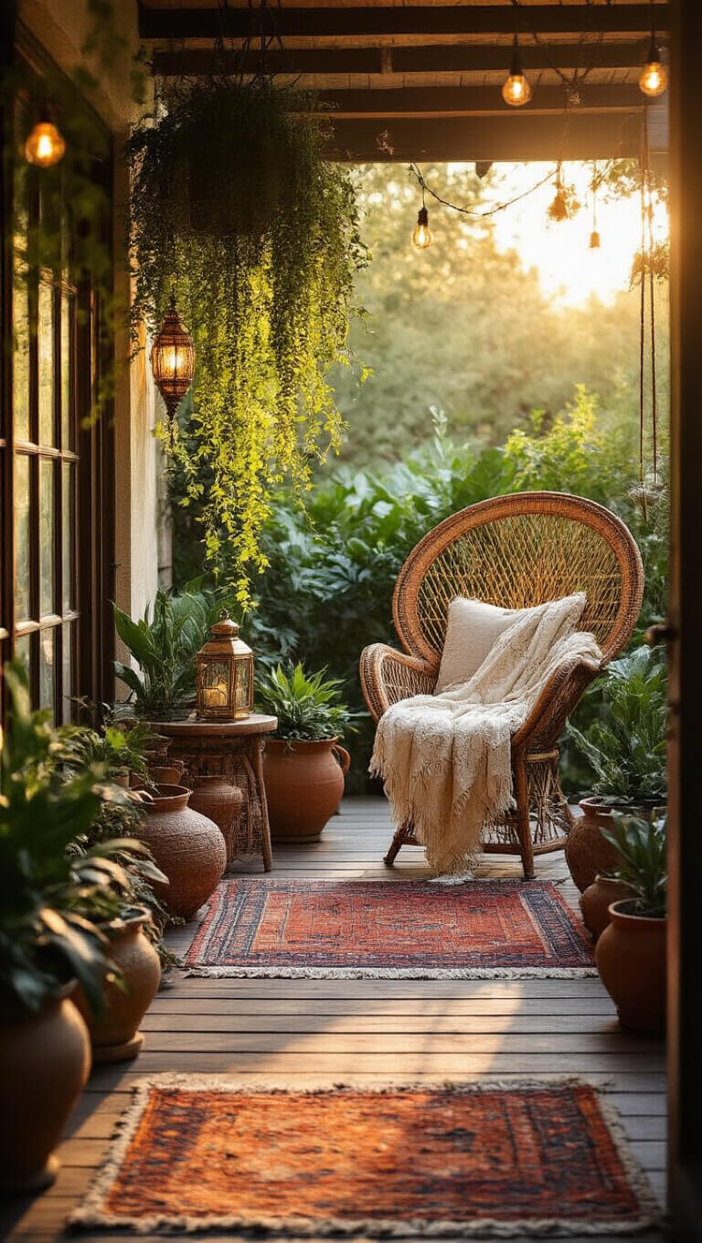 Sunlit patio with weathered teak deck, vintage rattan peacock chair draped in cream blanket, layered kilim rugs, brass lanterns, cascading plants, and terracotta pots with succulents and monstera at golden hour.