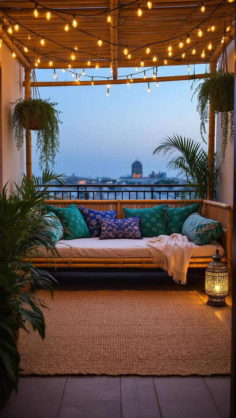 Cozy 8x10ft balcony at dusk with bamboo daybed, jewel-toned cushions, string lights overhead, jute rug, potted palms, and glowing Moroccan lanterns.