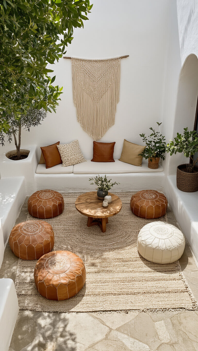 Aerial view of a cozy 12x12ft courtyard with circular floor cushion seating around a carved wooden table, handwoven poufs, macrame wall hanging on whitewashed walls, potted olive trees, and a vintage Beni Ourain rug under bright midday sun with dappled shade.