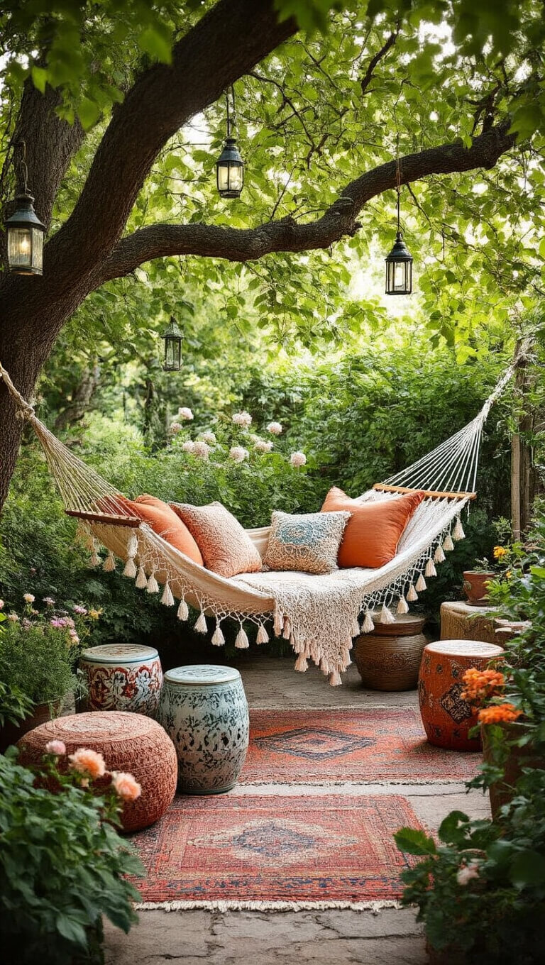 Bohemian garden nook with vintage hammock, tasseled pillows, crochet throws, eclectic rugs, ceramic stools, and hanging glass lanterns under mature trees in diffused morning light.