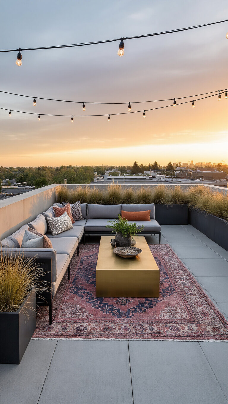 Contemporary 15x15ft rooftop terrace at sunset with vintage Persian rugs, low-profile sectional, brass coffee table, drought-tolerant grasses, and string lights under a dramatic glow.