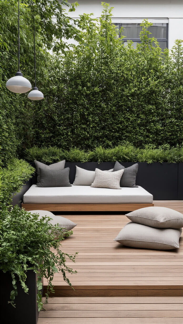 Minimalist 10x12ft side yard with teak platform daybed, neutral linens, textured pillows, natural fiber floor cushions, black planters with structured greenery, and pendant lights on steel cables.