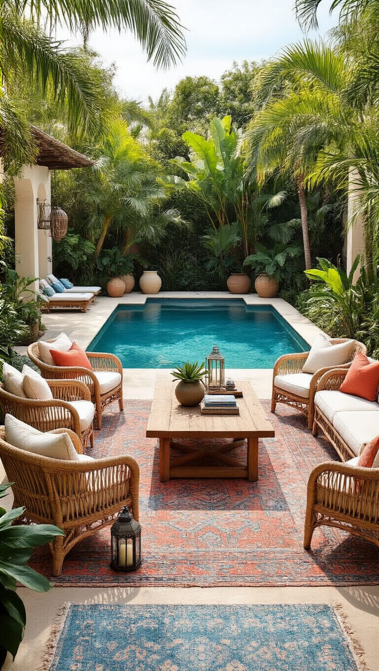 Poolside lounge with vintage rattan and modern acrylic furniture around teak table, layered rugs, tropical plants, and Moroccan lanterns in late afternoon sun.