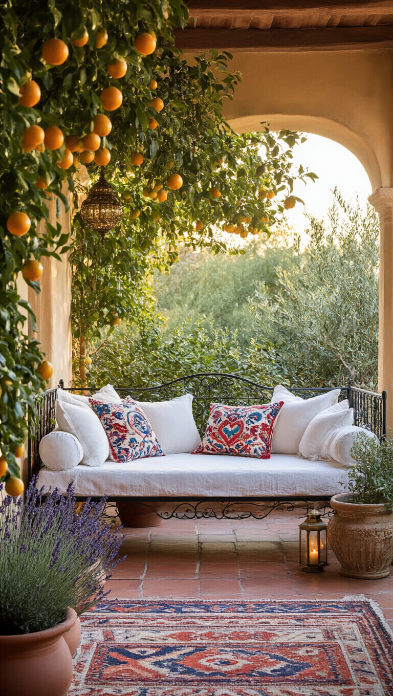 Mediterranean-style veranda at sunset with wrought iron daybed, white linens, colorful Suzani textiles, terracotta tiles, vintage kilims, potted citrus trees, lavender, and glowing brass lanterns.