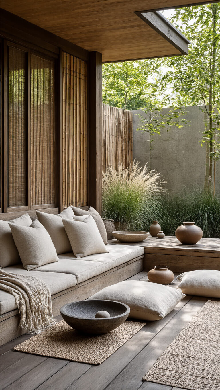 Zen-inspired deck with reclaimed wood seating, neutral cushions, ceramic vessels, bamboo screens, and soft morning light.