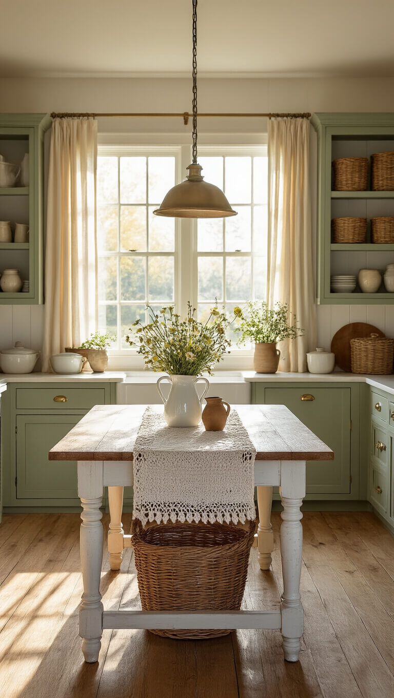 Sunlit farmhouse kitchen with sage green cabinets, vintage table with wildflowers, and oak floors glowing at golden hour.