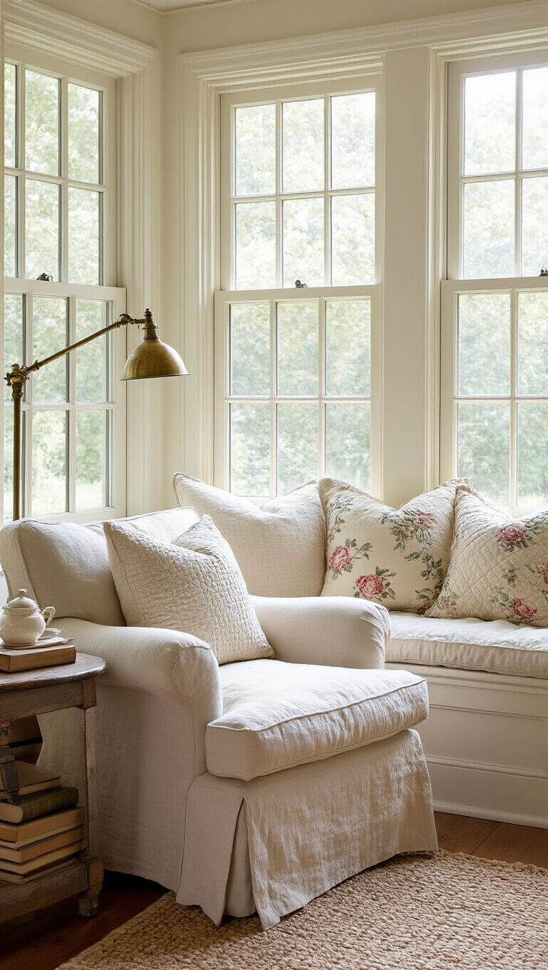 Cozy reading nook with bay window, cream cushions, vintage decor, and soft morning light.