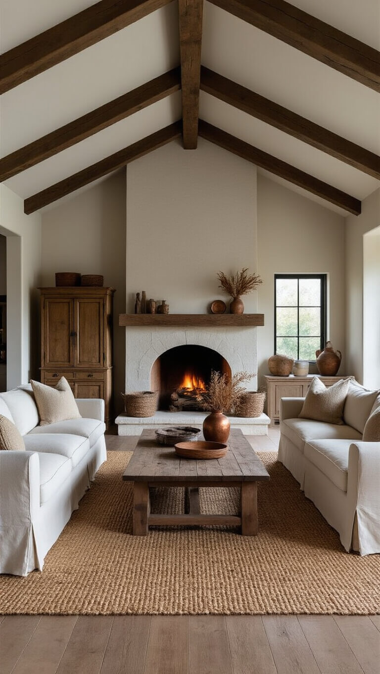 Cozy 16x20ft living room at dusk with vaulted ceiling, exposed wooden beams, stone fireplace, cream slipcovered sofas, reclaimed wood coffee table, jute rug, and vintage oak armoire, shot from above with moody lighting.