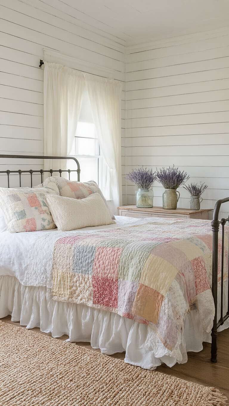 Cozy 12x14ft bedroom at dawn with iron bed, vintage linens, antique dresser, and soft morning light filtering through ruffled curtains.