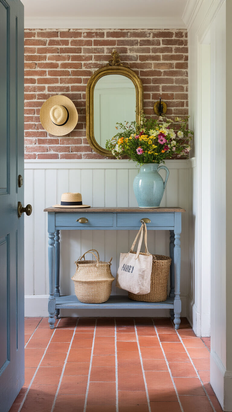 Afternoon-lit entryway with exposed brick wall, white beadboard wainscoting, vintage blue-grey console table, brass mirror, ceramic vase with flowers, antique coat hooks, and terracotta tile floor.