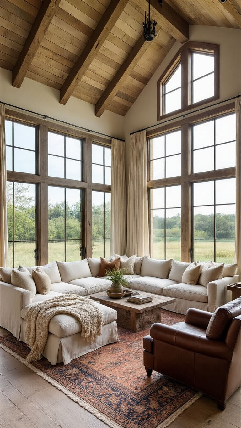 Rustic great room with cathedral ceiling, exposed rafters, large windows, and oversized linen sectional on a vintage Persian rug.