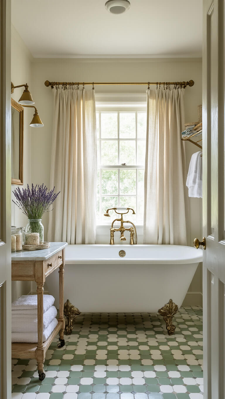 Elegant vintage bathroom with clawfoot tub, marble washstand, hex tile floor, and soft morning light.