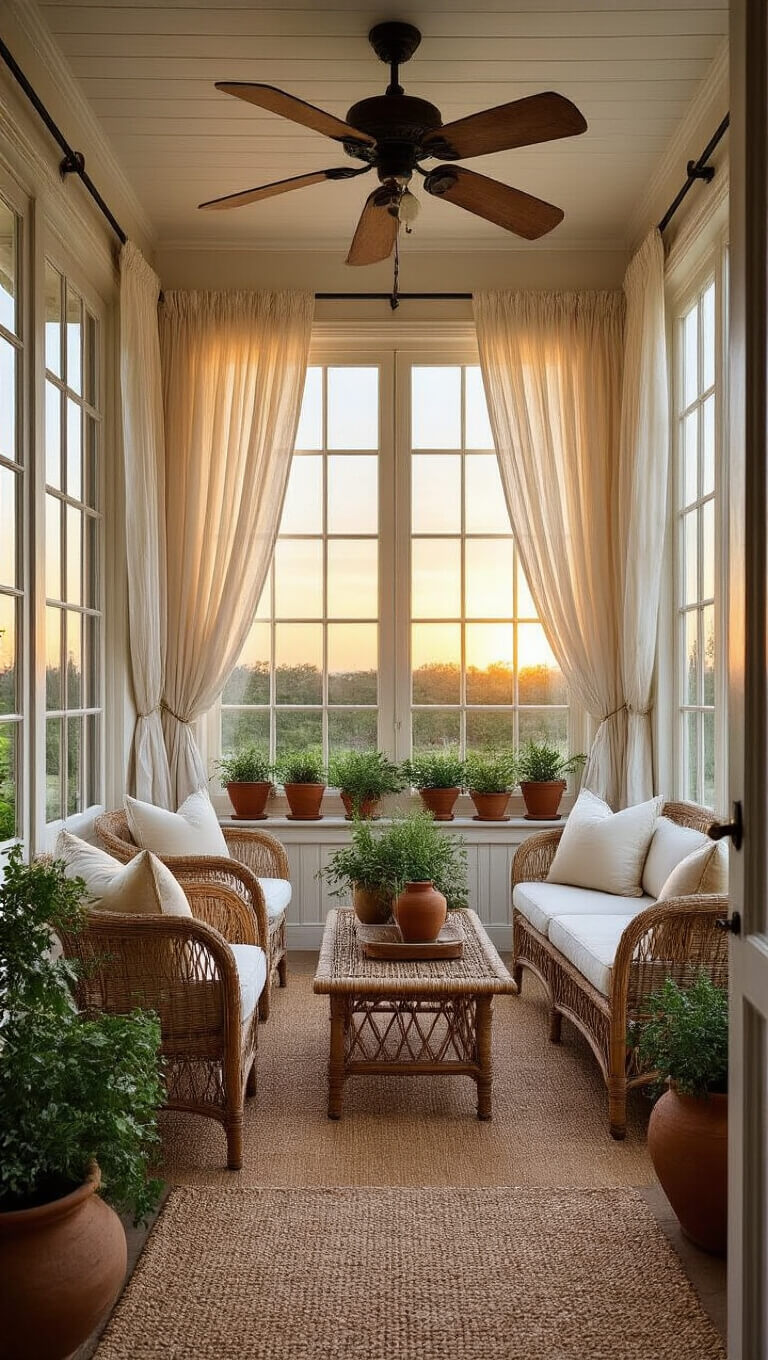 Sunlit 12x15ft sunroom with French doors, rattan seating, potted herbs, and a sisal rug at sunset.
