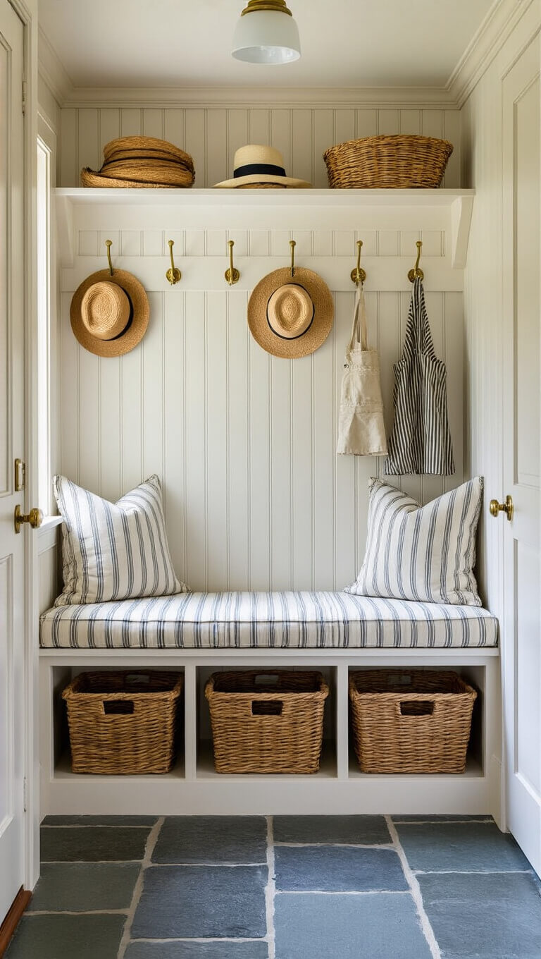Mudroom with built-in bench, ticking stripe cushion, brass hooks holding garden hats and aprons, woven baskets below, and slate flooring in afternoon light.