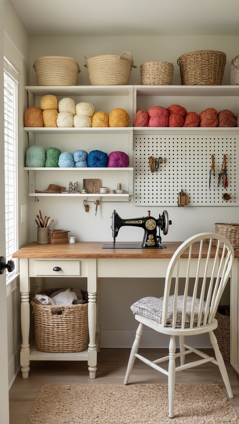 Cozy craft room with vintage table, antique sewing machine, organized tools, and yarn in muted rainbow on built-in shelves.