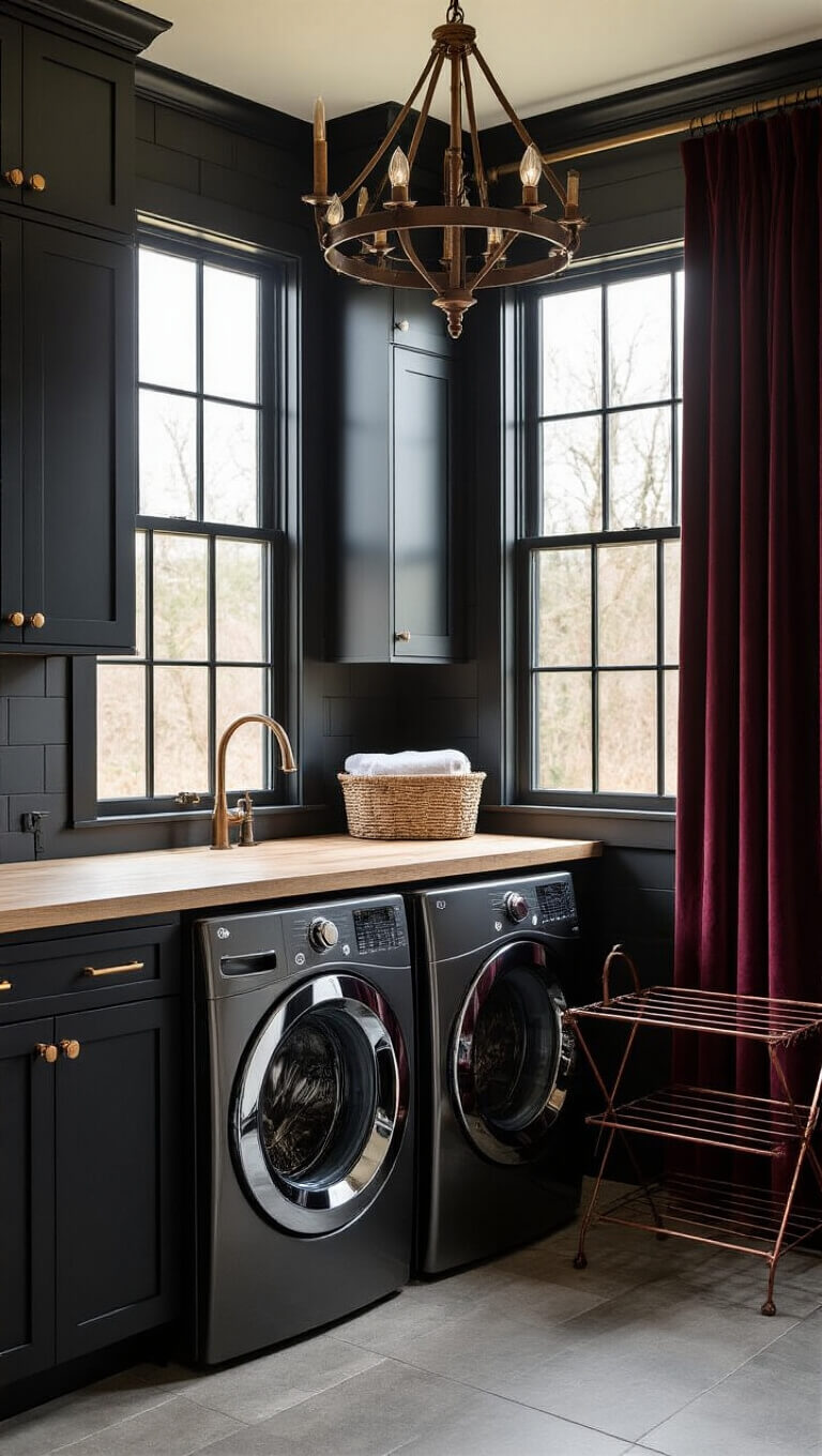 Moody laundry room with matte black cabinets, burgundy velvet curtains, and late afternoon light casting shadows through iron-framed windows.