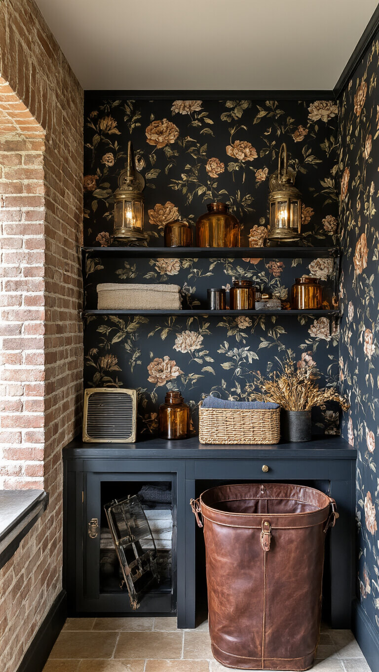 Moody utility room with charcoal brick and floral wallpaper, featuring antique sconces, leather hamper, iron shelves with amber glass, and vintage washboard accents.
