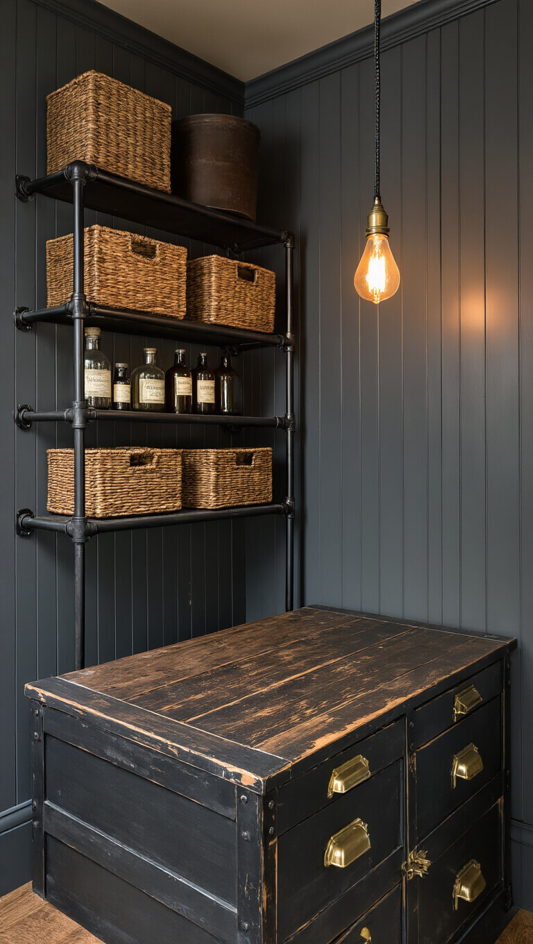 Western Gothic workspace at dusk with black beadboard wainscoting, industrial shelving, apothecary bottles, Edison bulb lighting, and distressed wood folding station.