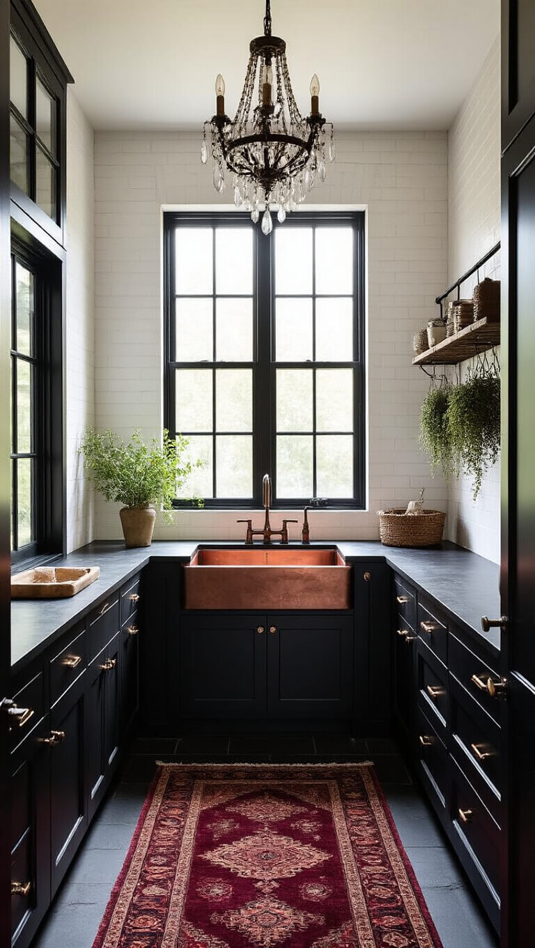 Sunlit laundry room with black steel factory windows, matte black cabinets, copper sink, Persian rug, slate floor, crystal chandelier, and hanging dried herbs.