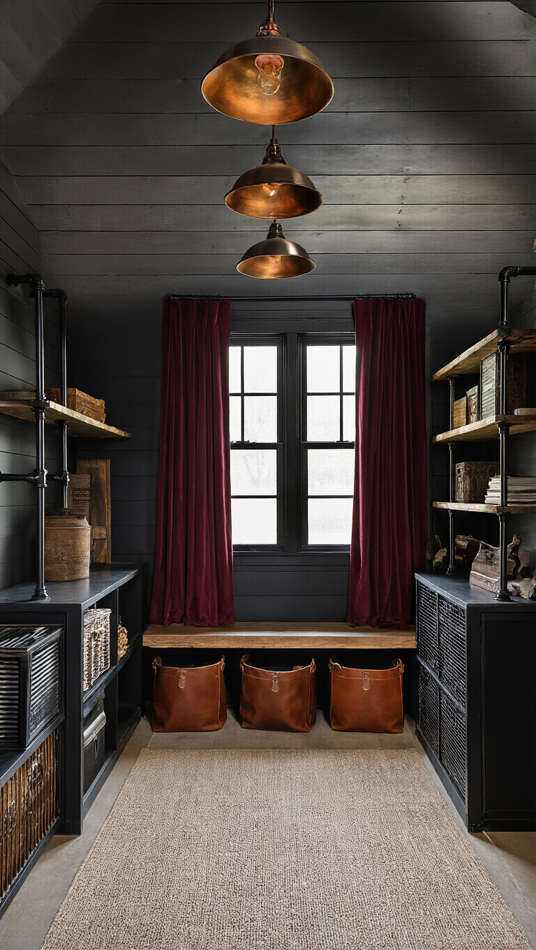 Cozy 9x11ft Western Gothic room with black shiplap walls, exposed wooden beams, oil-rubbed bronze lighting, velvet wine curtains, leather baskets, industrial shelves, vintage washboards, and black metal organizers.